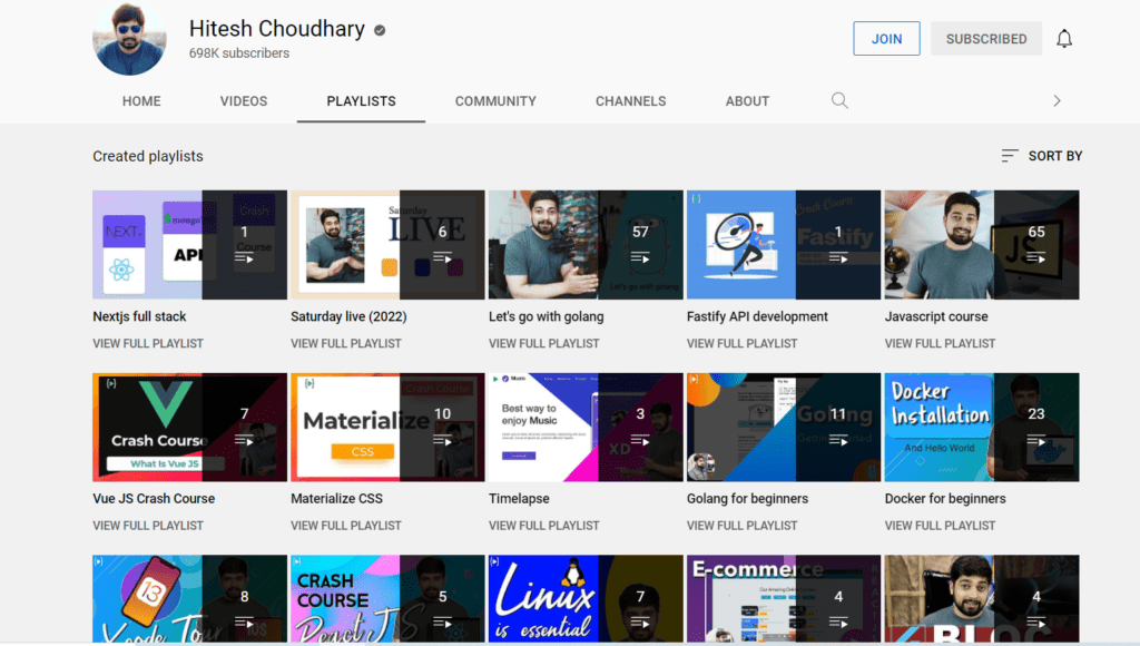 Preview Playlist yang tersedia di Channel Youtube Hitesh Choudhary